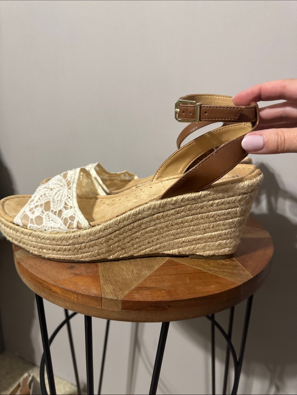 Naturalizer Espadrille Wedge Sandals with Lace Toe in White and Tan